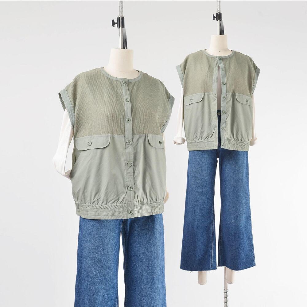 Vintage 80s Olive Green Utility Vest Cotton Button Front Safari Minimalist M L